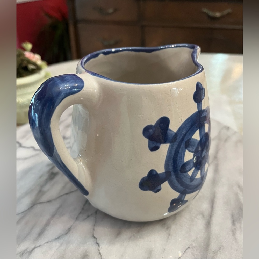Louisville Stoneware Pottery Pitcher Blue At the Helm Steering Wheel Nautical - Picture 9 of 12